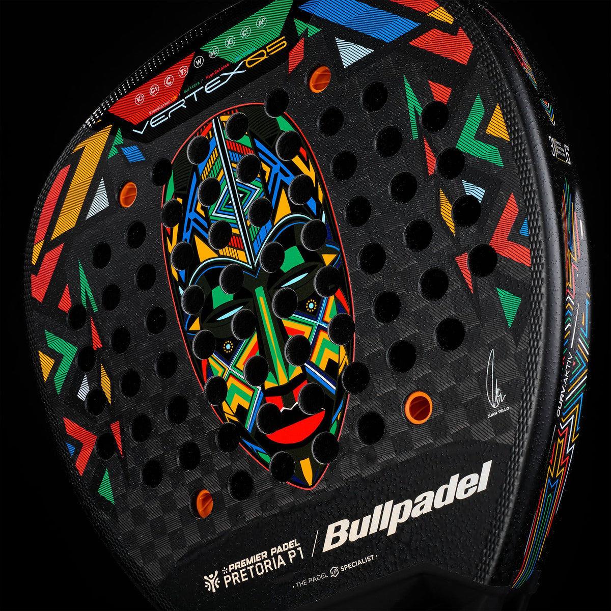 Bullpadel Vertex 05 Pretoria LTD racket with colourful face artwork and Pretoria P1 branding