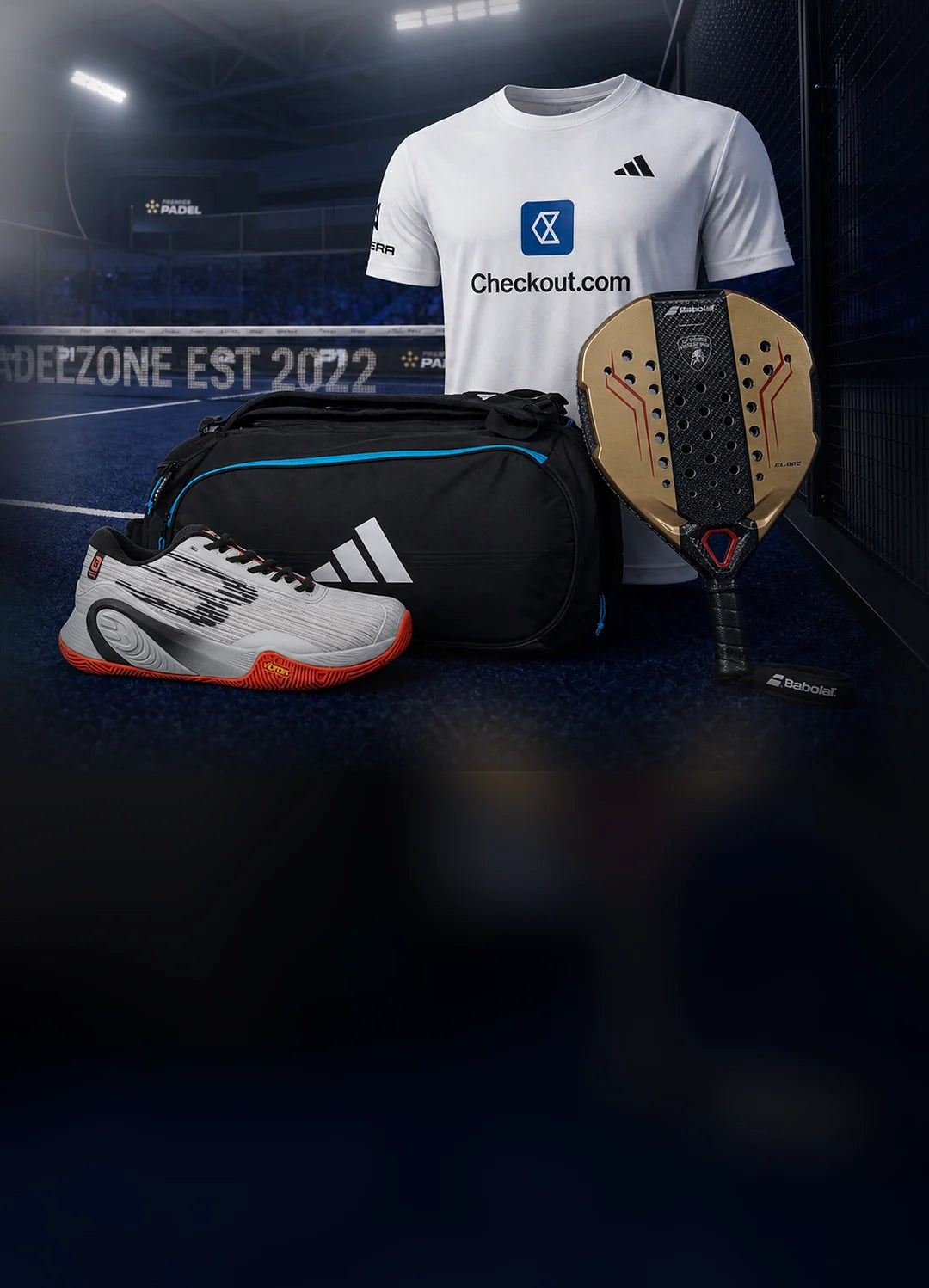 Blue indoor padel court with naturally staged rackets, shoes, bag and apparel