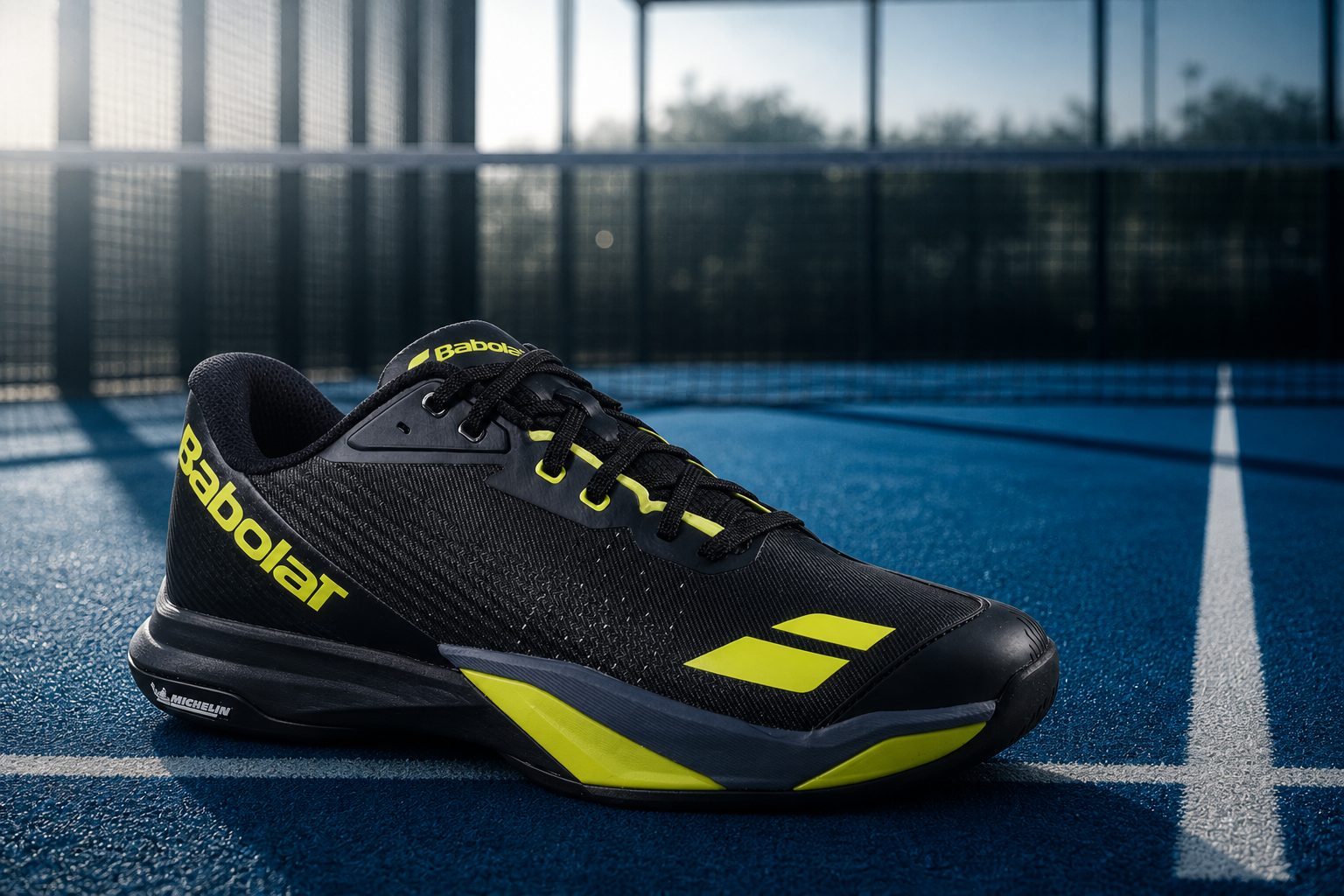 Padel shoe staged on a blue court